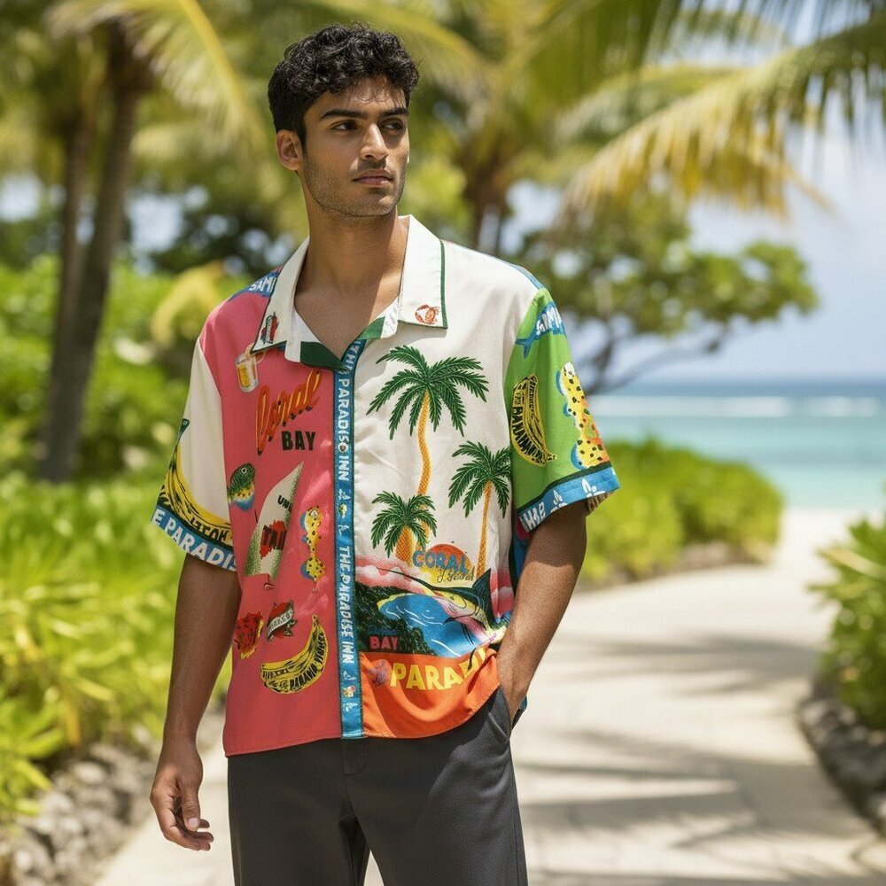 The Paradise Inn Medium Printed Coral Bay Oversized Button Up Shirt Sz M